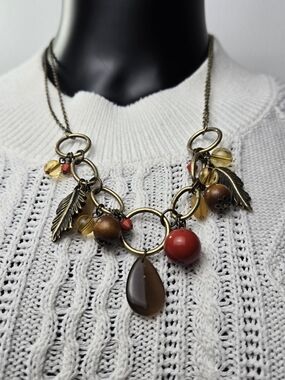 Women’s Multi-Charms Leaf Necklace in Red, Brown & Gold
